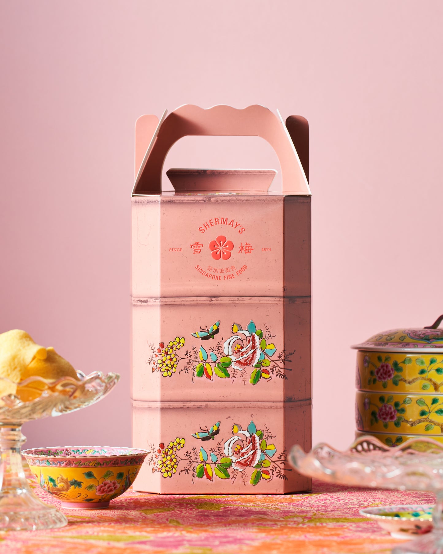 Lacquer Red & Rose Pink Tingkat Gift Pair: Keropok & Sauces