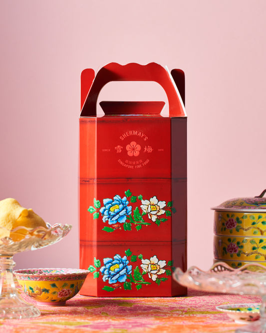 Lacquer Red Tingkat Gift Pair: Keropok & Sauces