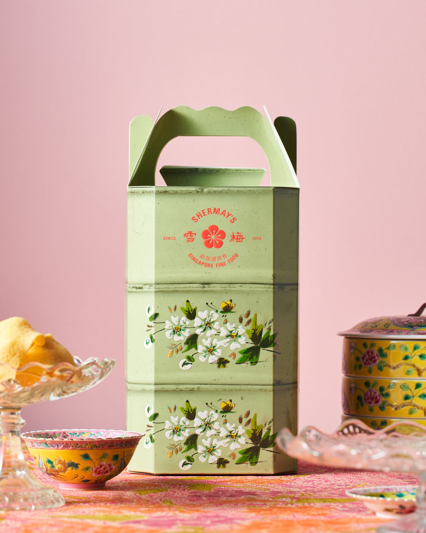 Rose Pink & Straits Green Tingkat Gift Pair: Keropok & Sauces