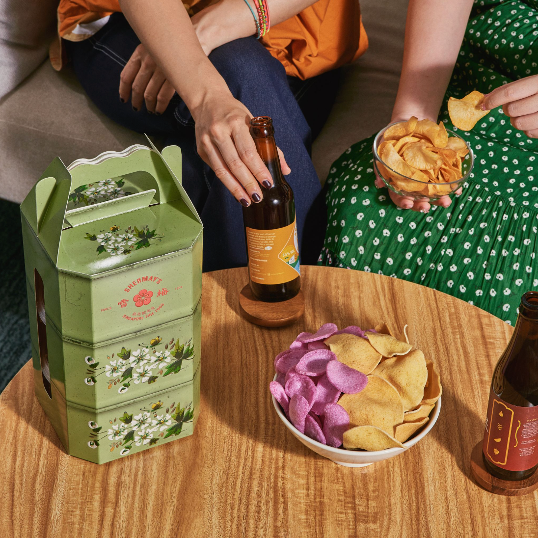 Rose Pink & Straits Green Tingkat Gift Pair: Keropok & Sauces