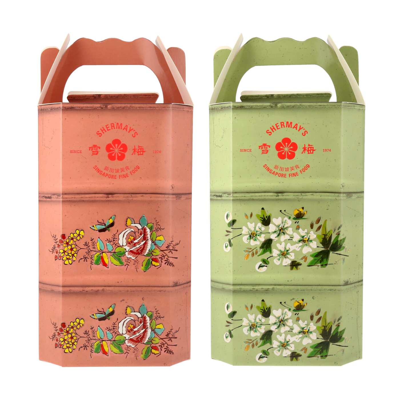 Rose Pink & Straits Green Tingkat Gift Pair: Keropok & Sauces