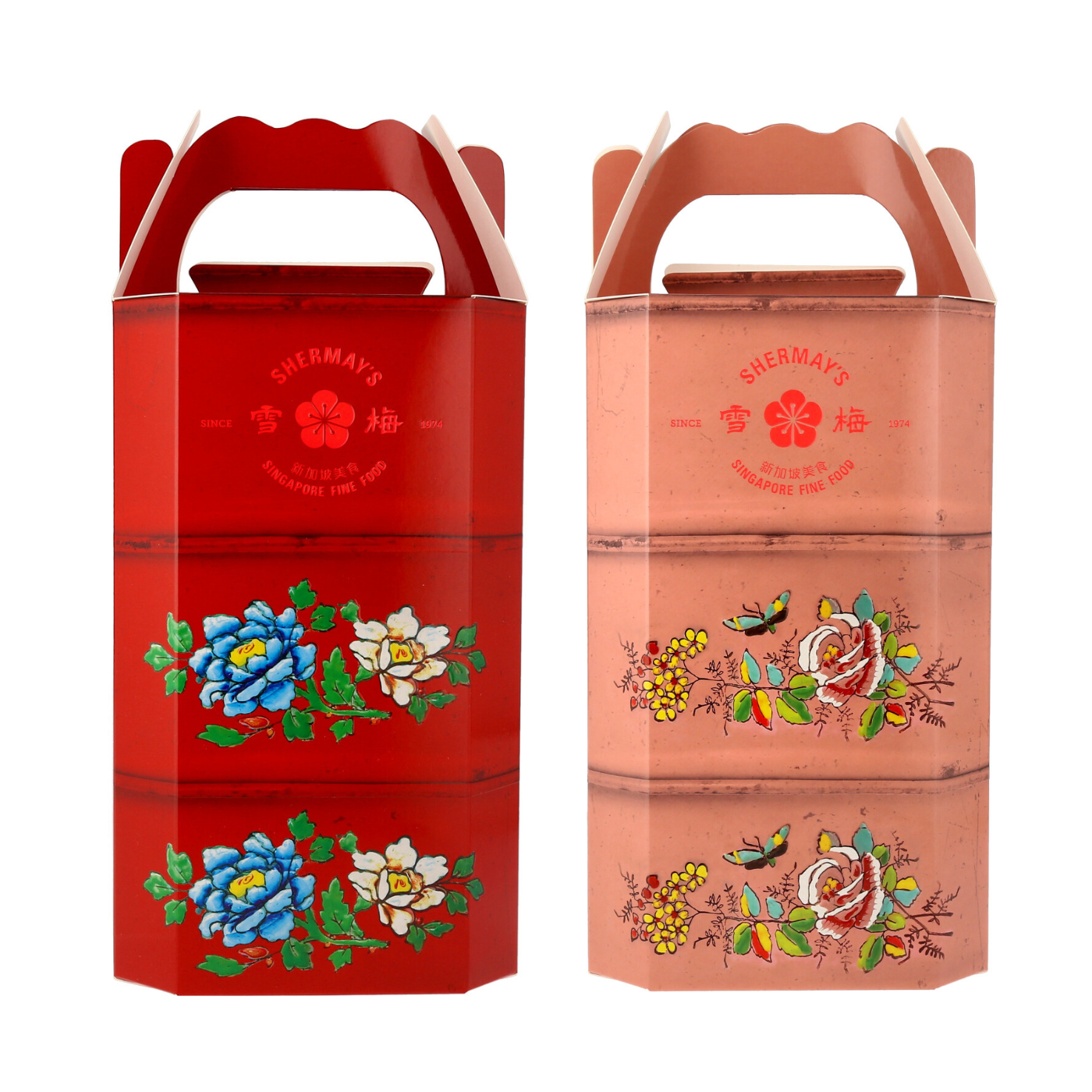 Lacquer Red & Rose Pink Tingkat Gift Pair: Keropok & Sauces