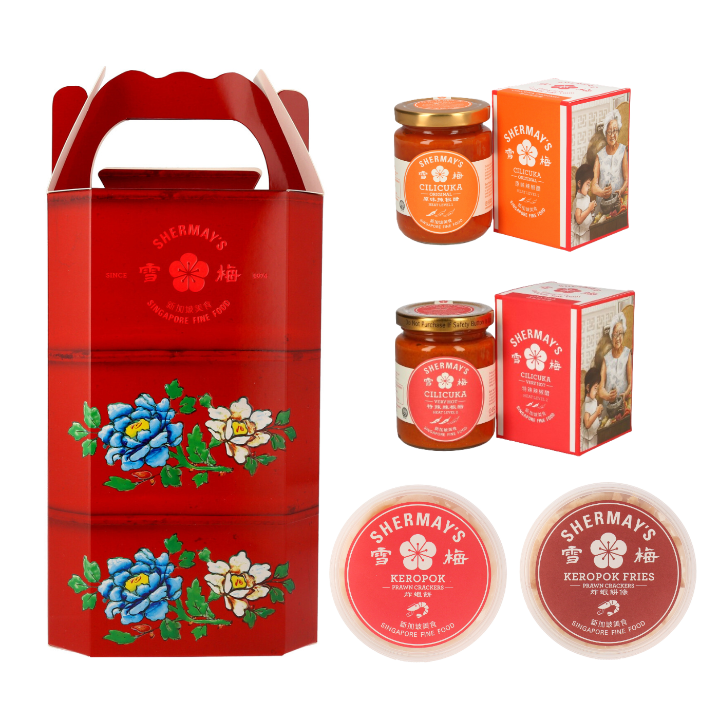 Lacquer Red Tingkat Gift Set: Keropok & Sauces