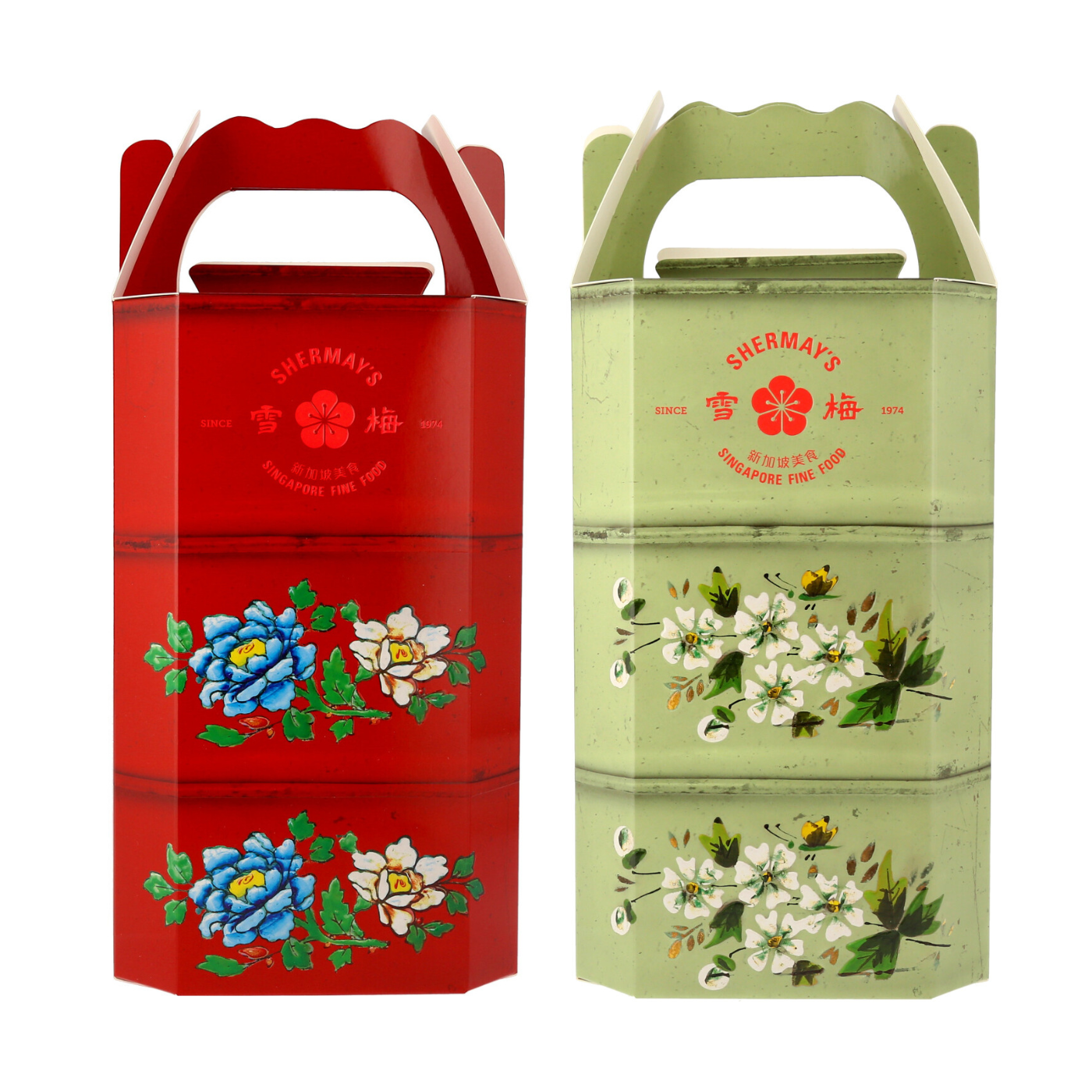 Lacquer Red & Straits Green Tingkat Gift Pair: Keropok & Sauces